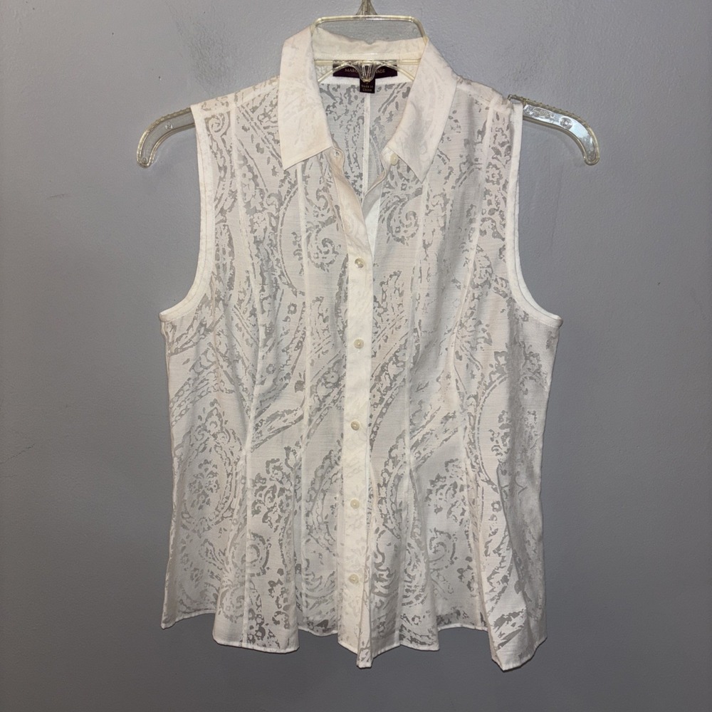 Marchesa Voyage White Blouse Button Up Shear Jacquard Sleeveless Size 2 Career